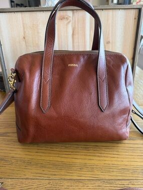 Fossil Chestnut Leather Satchel with Gold Hardware